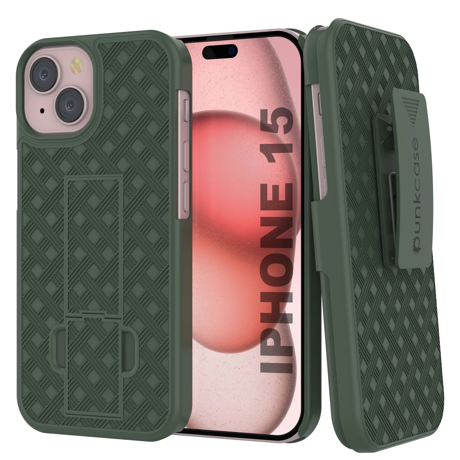 iPhone 15 Case With Tempered Glass Screen Protector, Holster Belt Clip & Built-In Kickstand [Green]