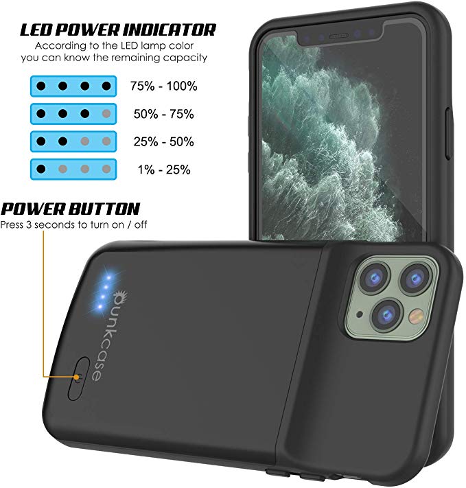 iPhone 11 Pro Battery Case, PunkJuice 5000mAH Fast Charging Power Bank W/ Screen Protector | [Black]