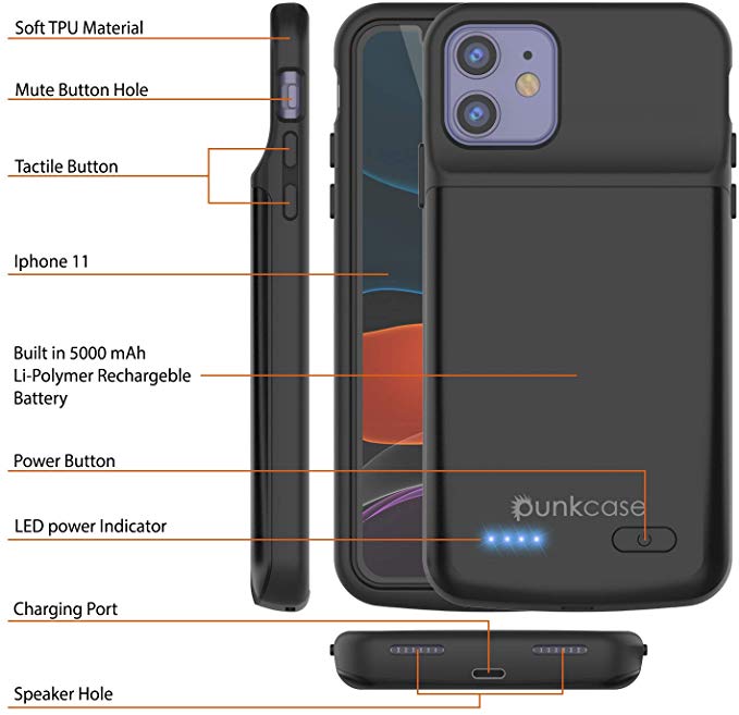 iPhone 11 Battery Case, PunkJuice 5000mAH Fast Charging Power Bank W/ Screen Protector | [Black]