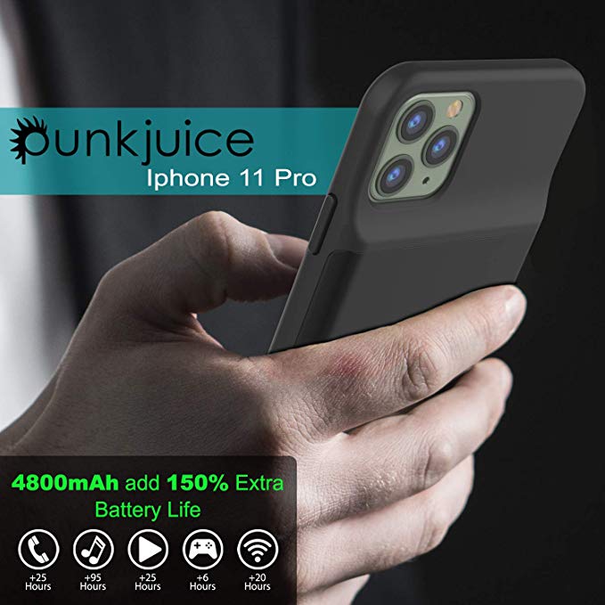 iPhone 11 Pro Battery Case, PunkJuice 5000mAH Fast Charging Power Bank W/ Screen Protector | [Black]