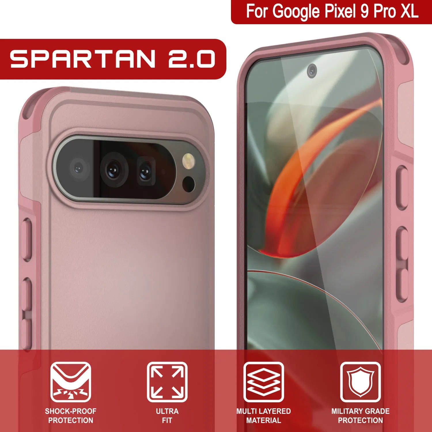 PunkCase Google Pixel 9 Pro XL Case, [Spartan 2.0 Series] Clear Rugged Heavy Duty Cover W/Built in Screen Protector [Pink]