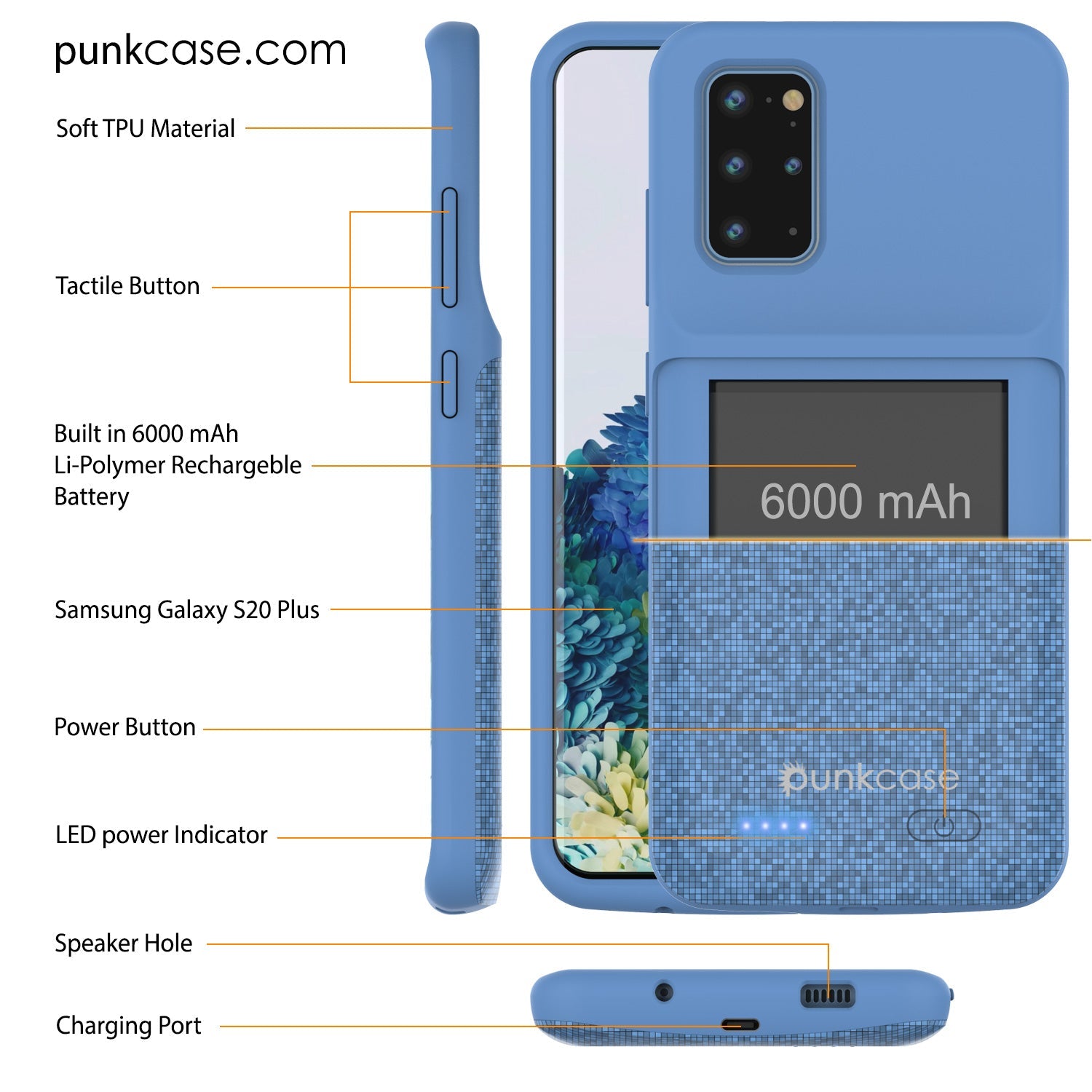 PunkJuice S20+ Plus Battery Case Patterned Blue - Fast Charging Power Juice Bank with 6000mAh