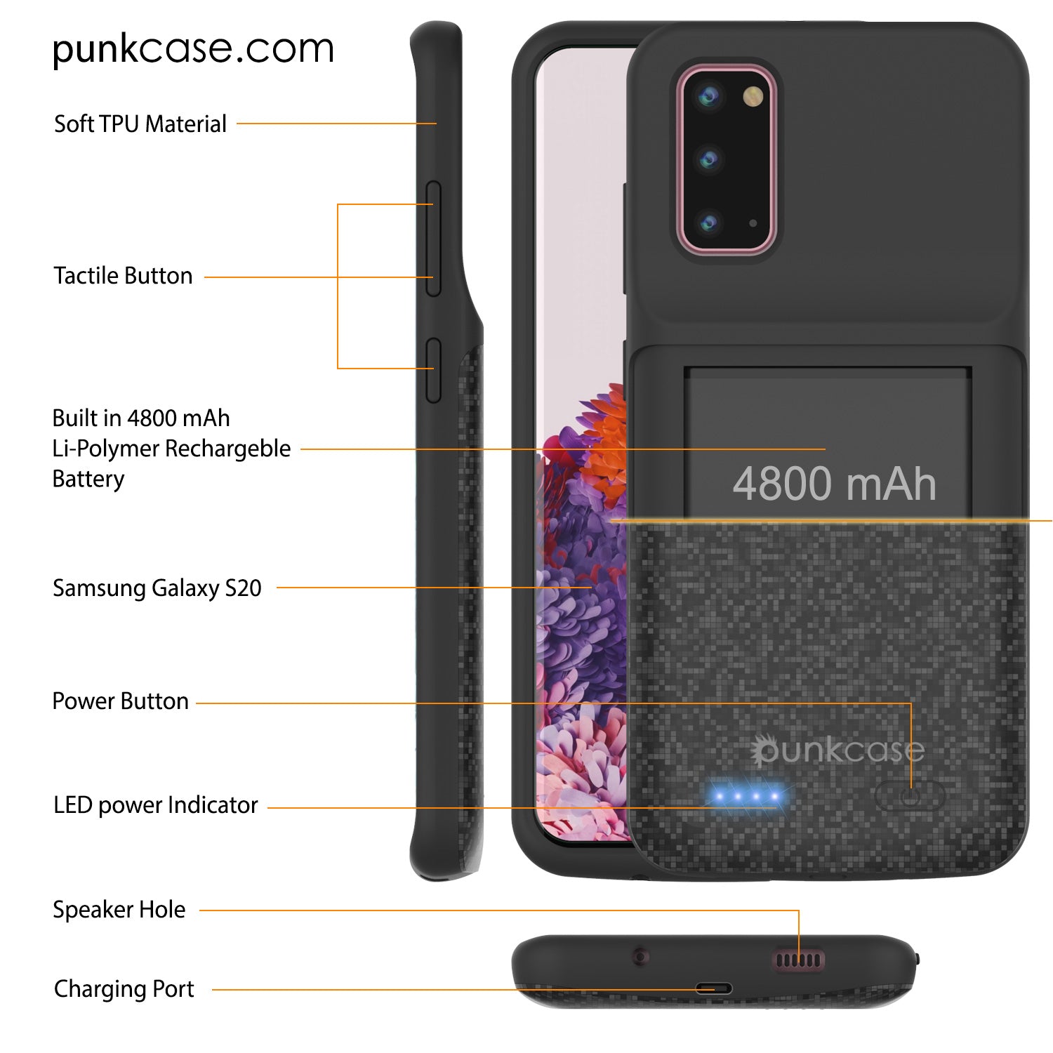 PunkJuice S20 Battery Case Patterned Black - Fast Charging Power Juice Bank with 4800mAh