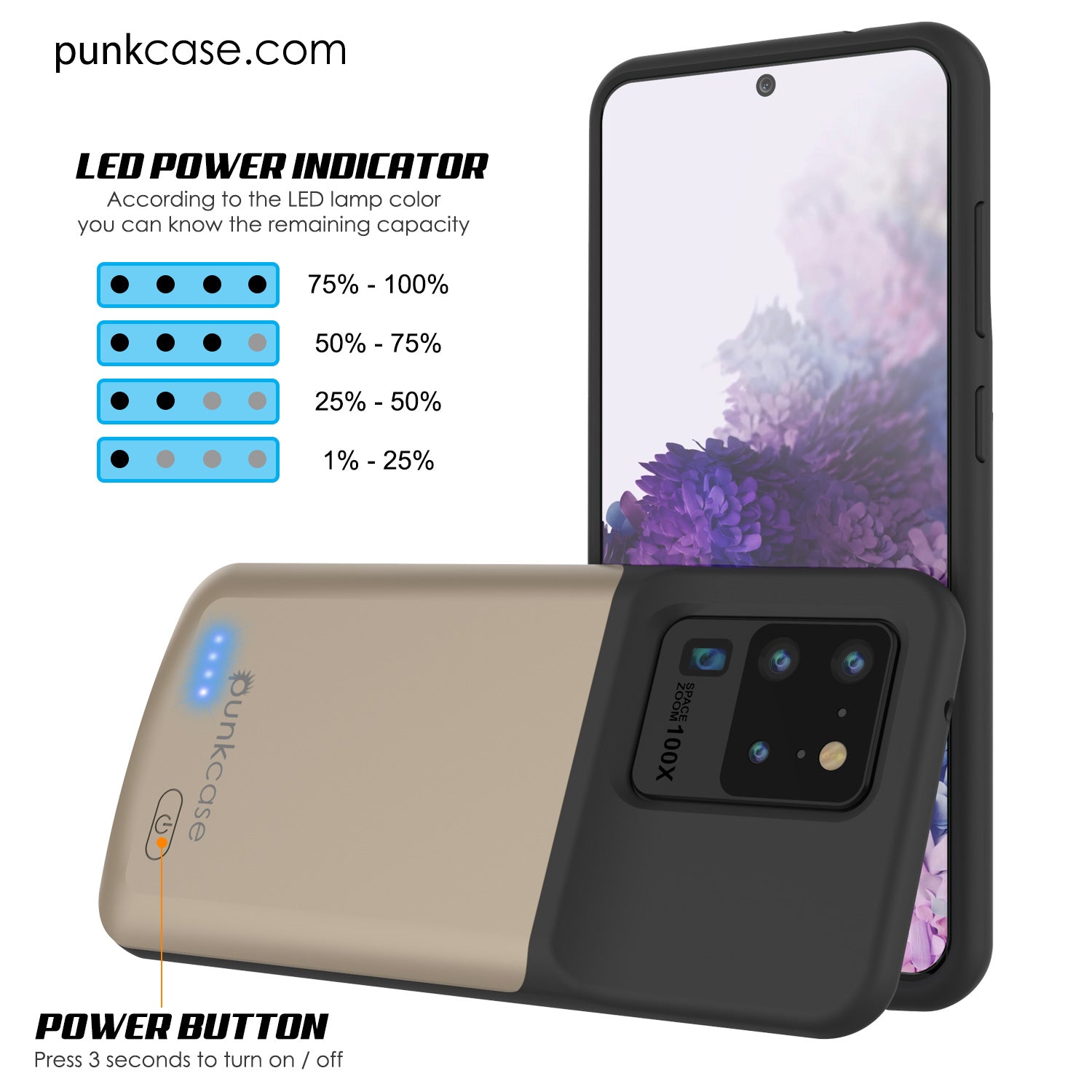 PunkJuice S20 Ultra Battery Case Gold - Fast Charging Power Juice Bank with 6000mAh