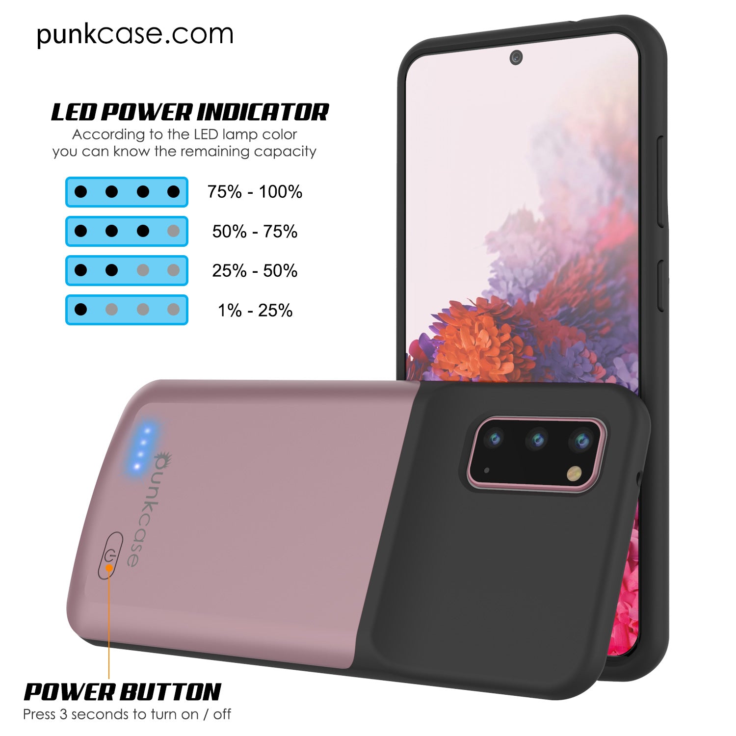 PunkJuice S20 Battery Case Rose - Fast Charging Power Juice Bank with 4800mAh