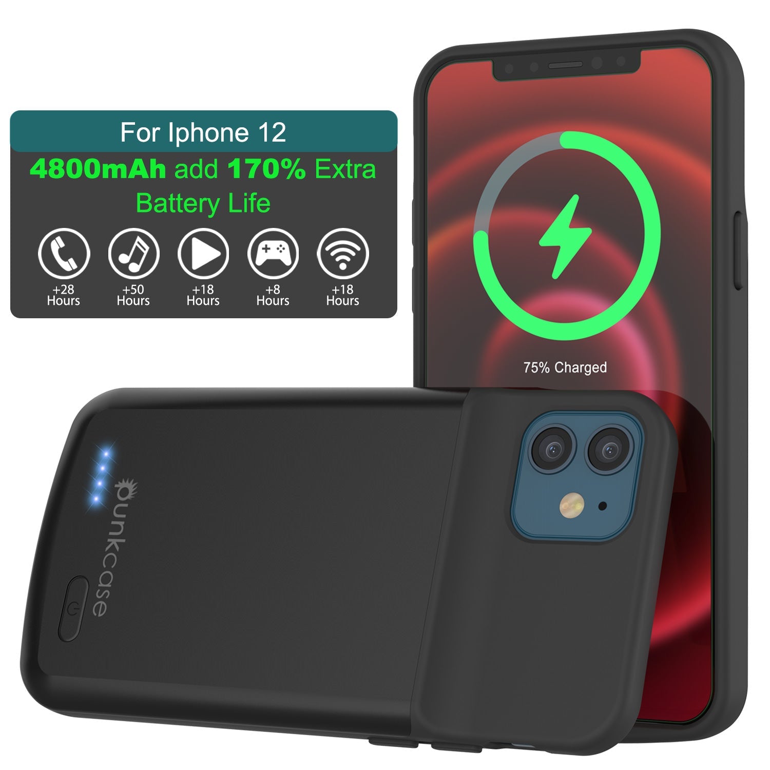 iPhone 12 Battery Case, PunkJuice 4800mAH Fast Charging Power Bank W/ Screen Protector | [Black]