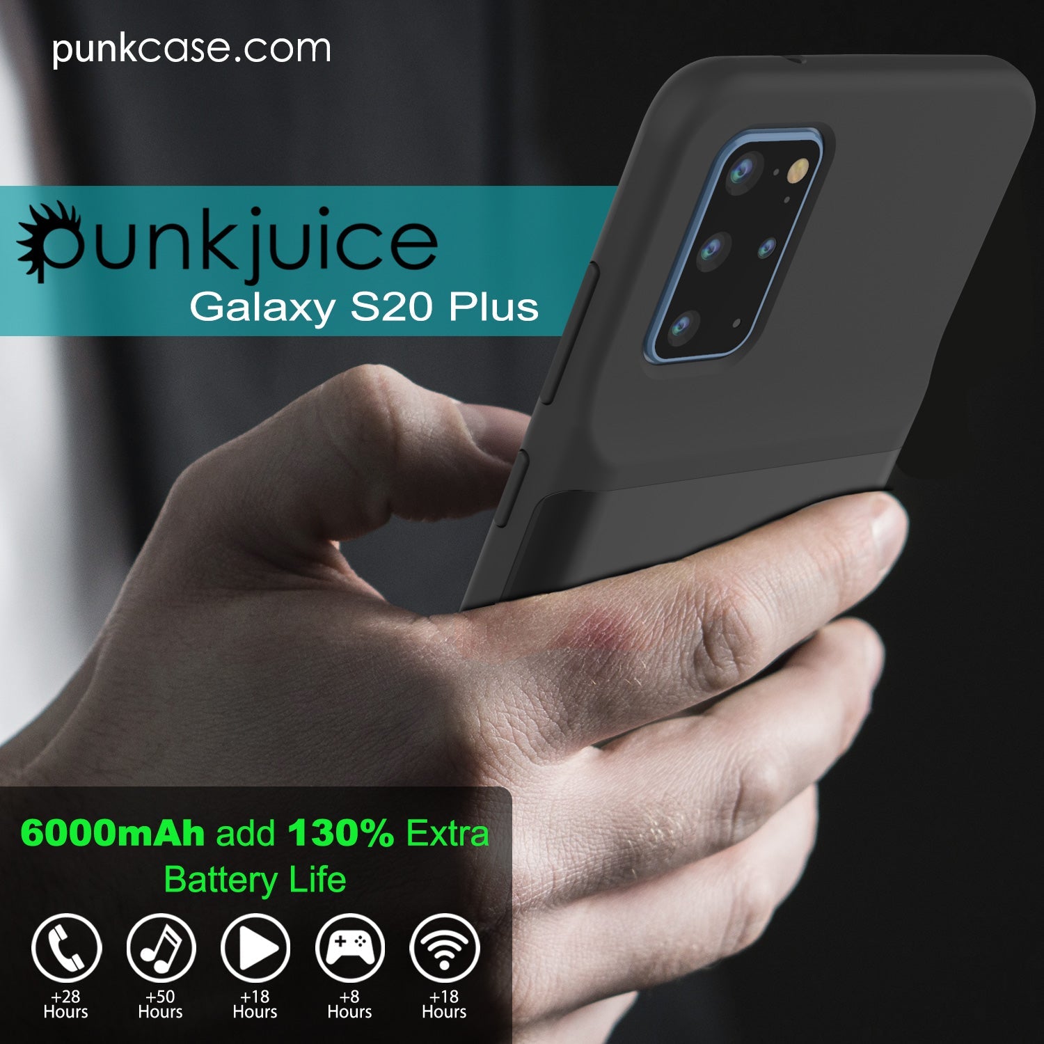 PunkJuice S20+ Plus Battery Case All Black - Fast Charging Power Juice Bank with 6000mAh