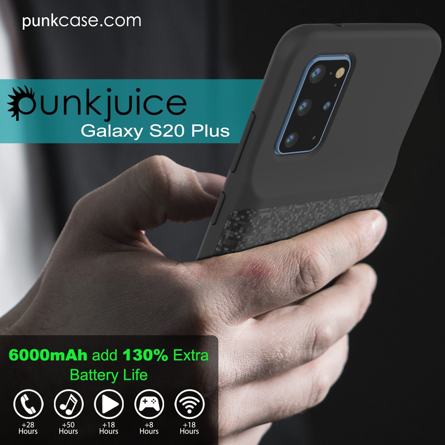 PunkJuice S20+ Plus Battery Case Patterned Black - Fast Charging Power Juice Bank with 6000mAh