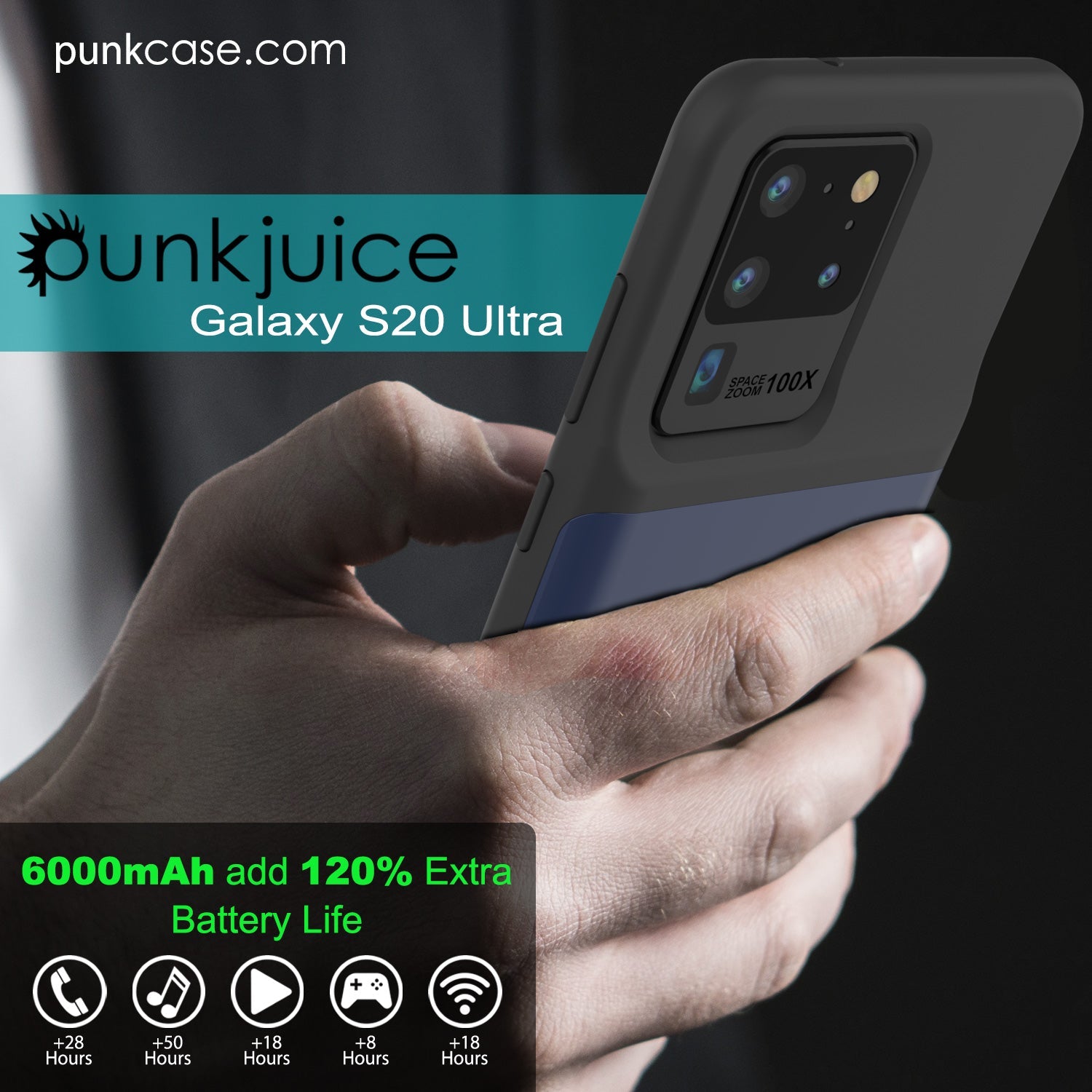 PunkJuice S20 Ultra Battery Case All Blue - Fast Charging Power Juice Bank with 6000mAh