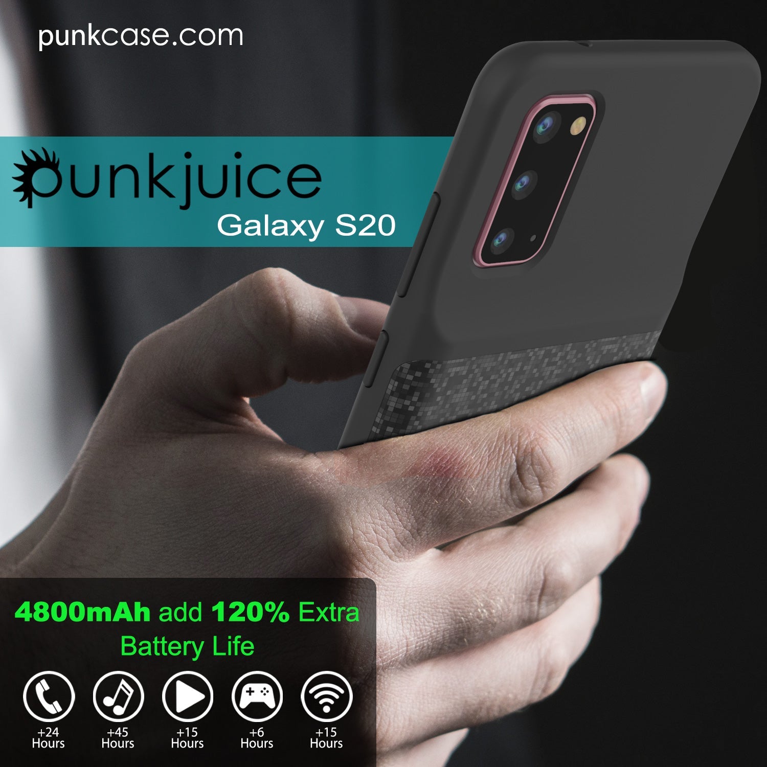 PunkJuice S20 Battery Case Patterned Black - Fast Charging Power Juice Bank with 4800mAh