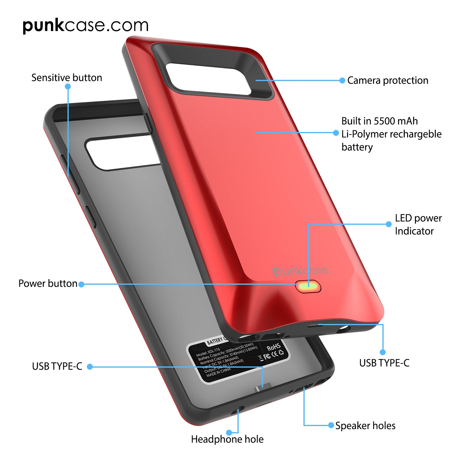 Galaxy Note 8 5000mAH Battery Charger W/ USB Port Slim Case [Blue]