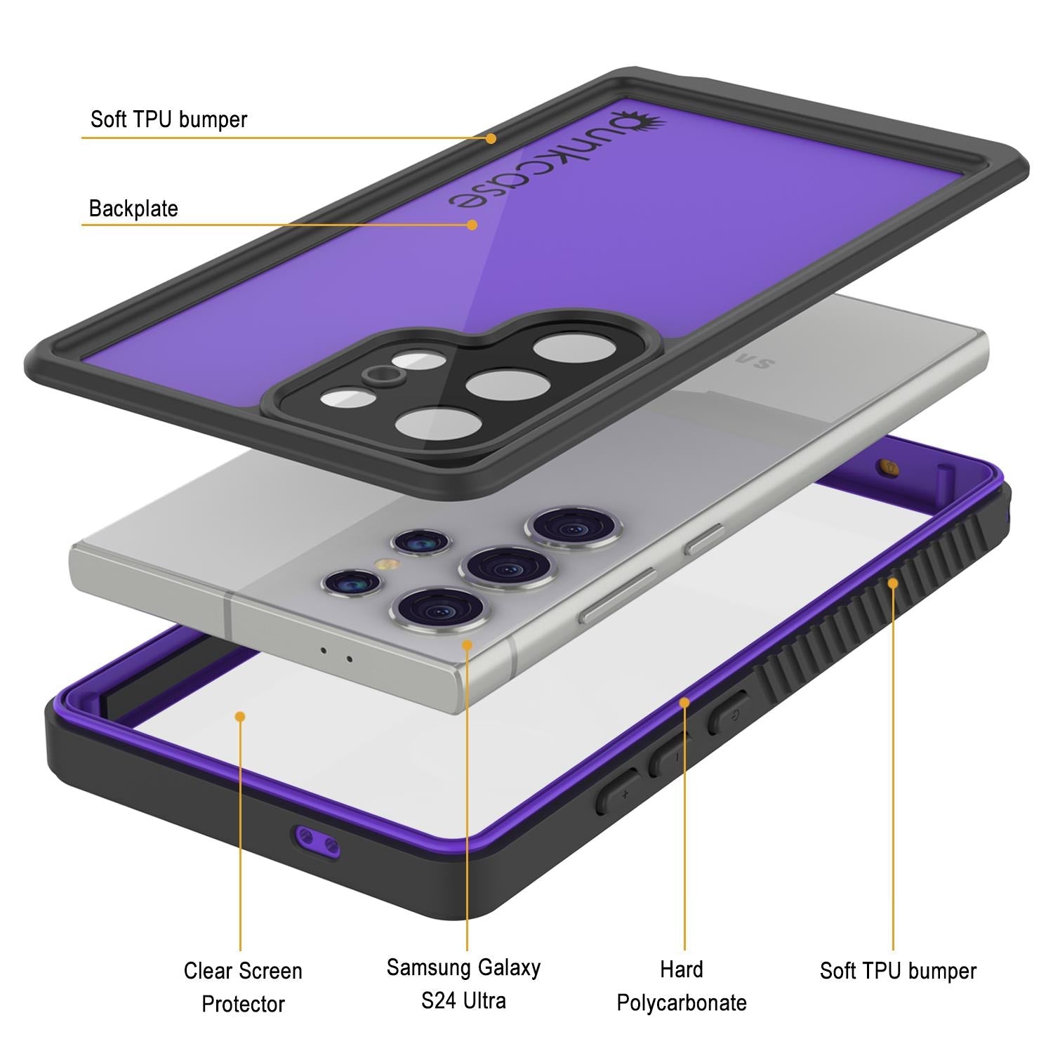 Galaxy S24 Ultra Waterproof Case PunkCase StudStar Purple Thin 6.6ft Underwater IP68 Shock/Snow Proof