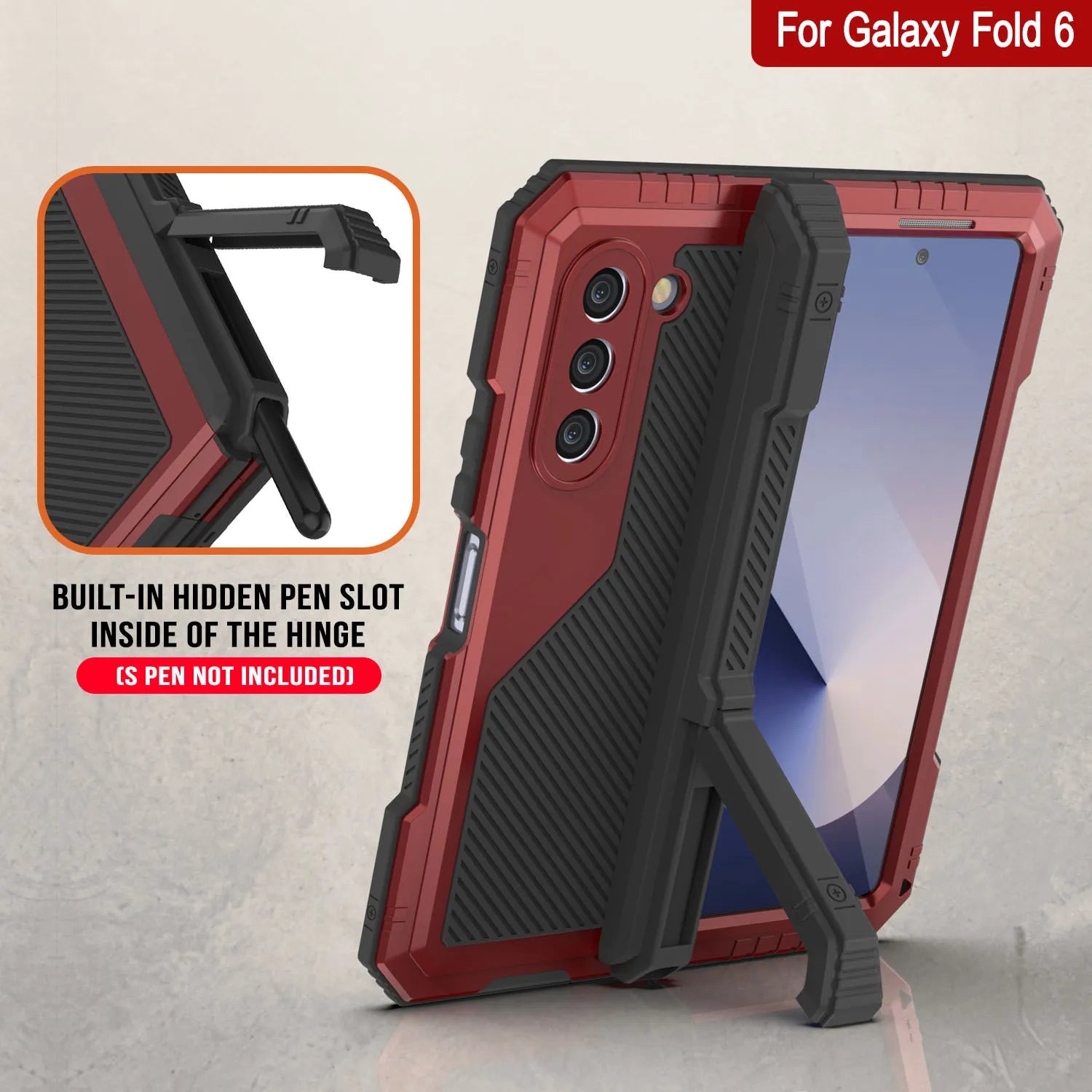 Galaxy Z Fold6 Metal Case, Heavy Duty Military Grade Armor Cover Full Body Hard [Red]