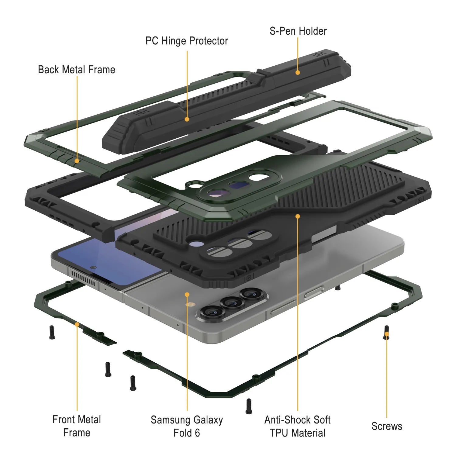 Galaxy Z Fold6 Metal Case, Heavy Duty Military Grade Armor Cover Full Body Hard [Dark Green]