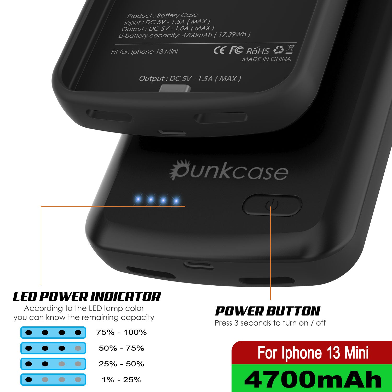 iPhone 13 Mini Battery Case, PunkJuice 4700mAH Fast Charging Power Bank W/ Screen Protector | [Black]