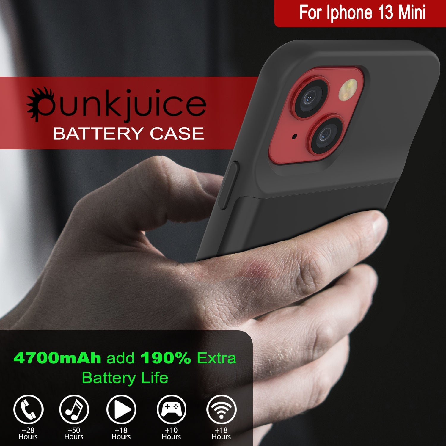 iPhone 13 Mini Battery Case, PunkJuice 4700mAH Fast Charging Power Bank W/ Screen Protector | [Black]