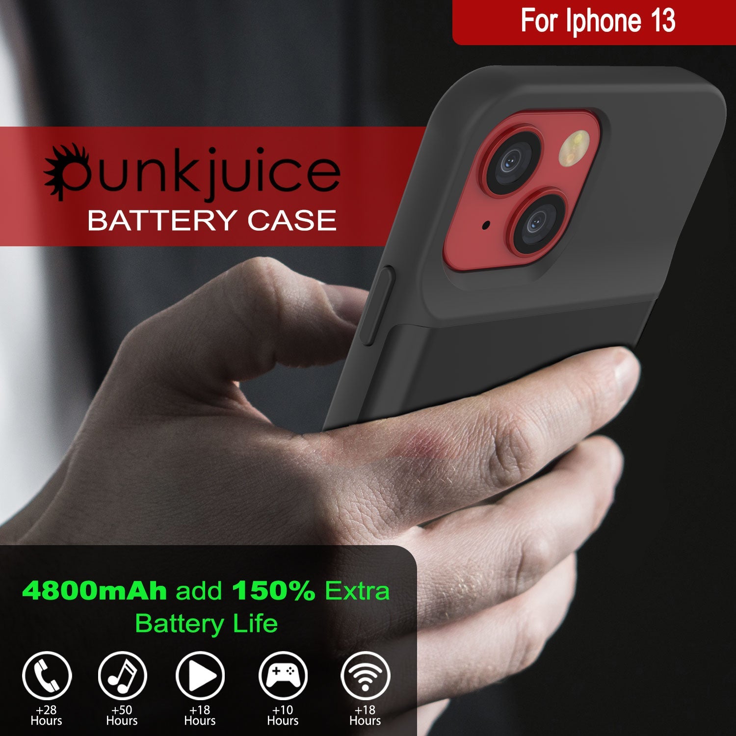 iPhone 13 Battery Case, PunkJuice 4800mAH Fast Charging Power Bank W/ Screen Protector | [Black]