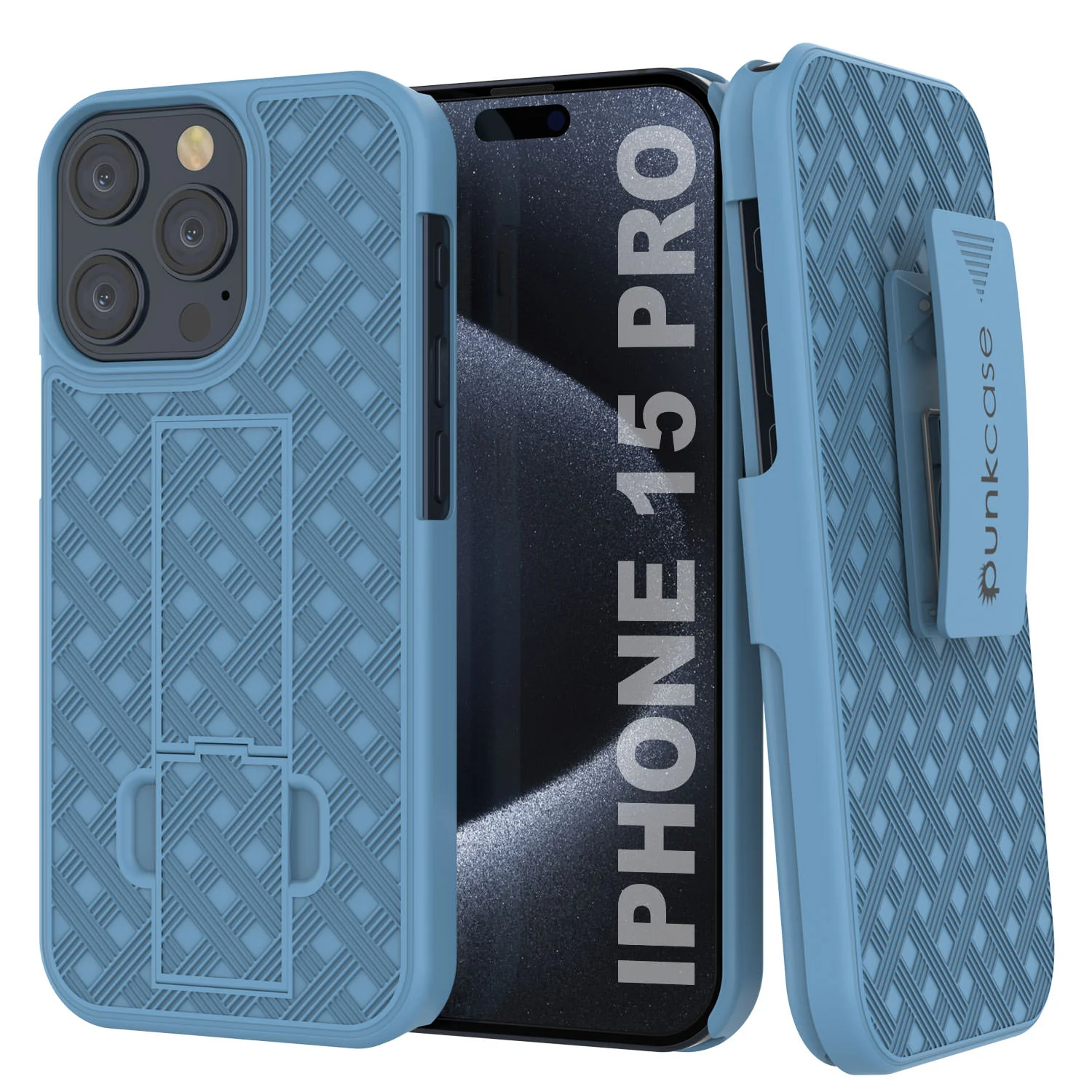 iPhone 15 Pro Case With Tempered Glass Screen Protector, Holster Belt Clip & Built-In Kickstand [Blue]