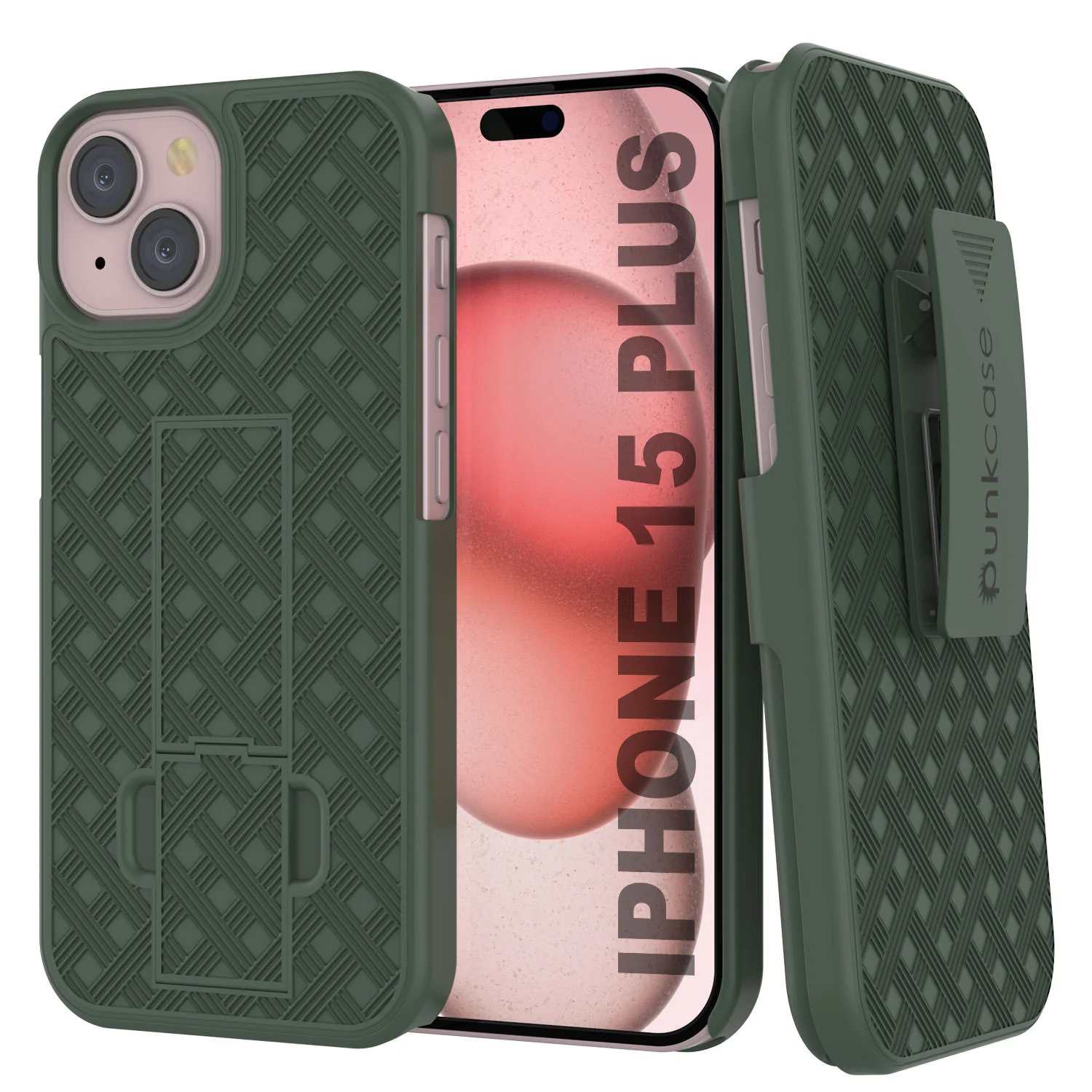 iPhone 15 Plus Case With Tempered Glass Screen Protector, Holster Belt Clip & Built-In Kickstand [Green]