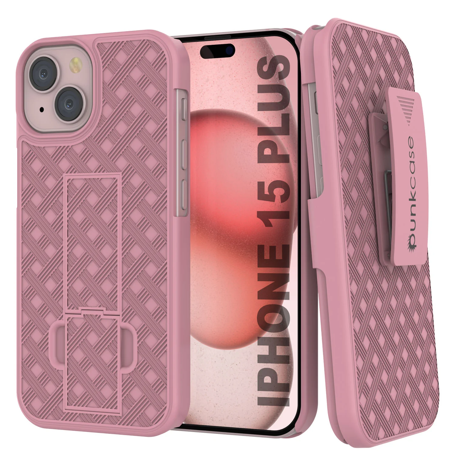 iPhone 15 Plus Case With Tempered Glass Screen Protector, Holster Belt Clip & Built-In Kickstand [Pink]