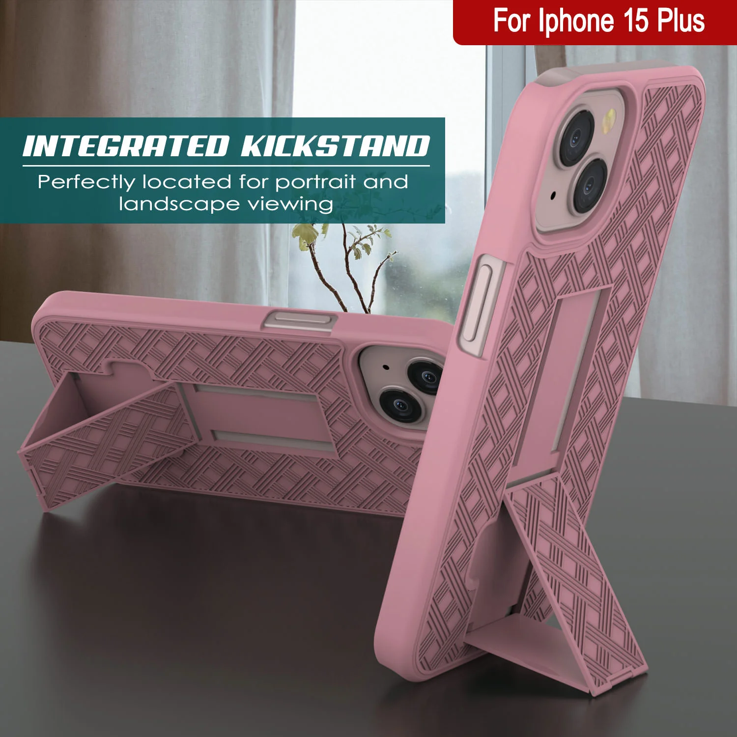 iPhone 15 Plus Case With Tempered Glass Screen Protector, Holster Belt Clip & Built-In Kickstand [Pink]