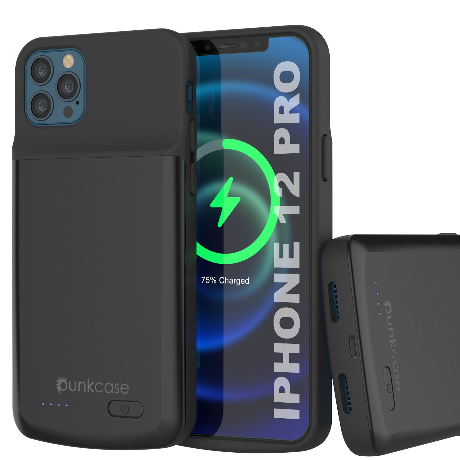 iPhone 12 Pro Battery Case, PunkJuice 4800mAH Fast Charging Power Bank W/ Screen Protector | [Black]