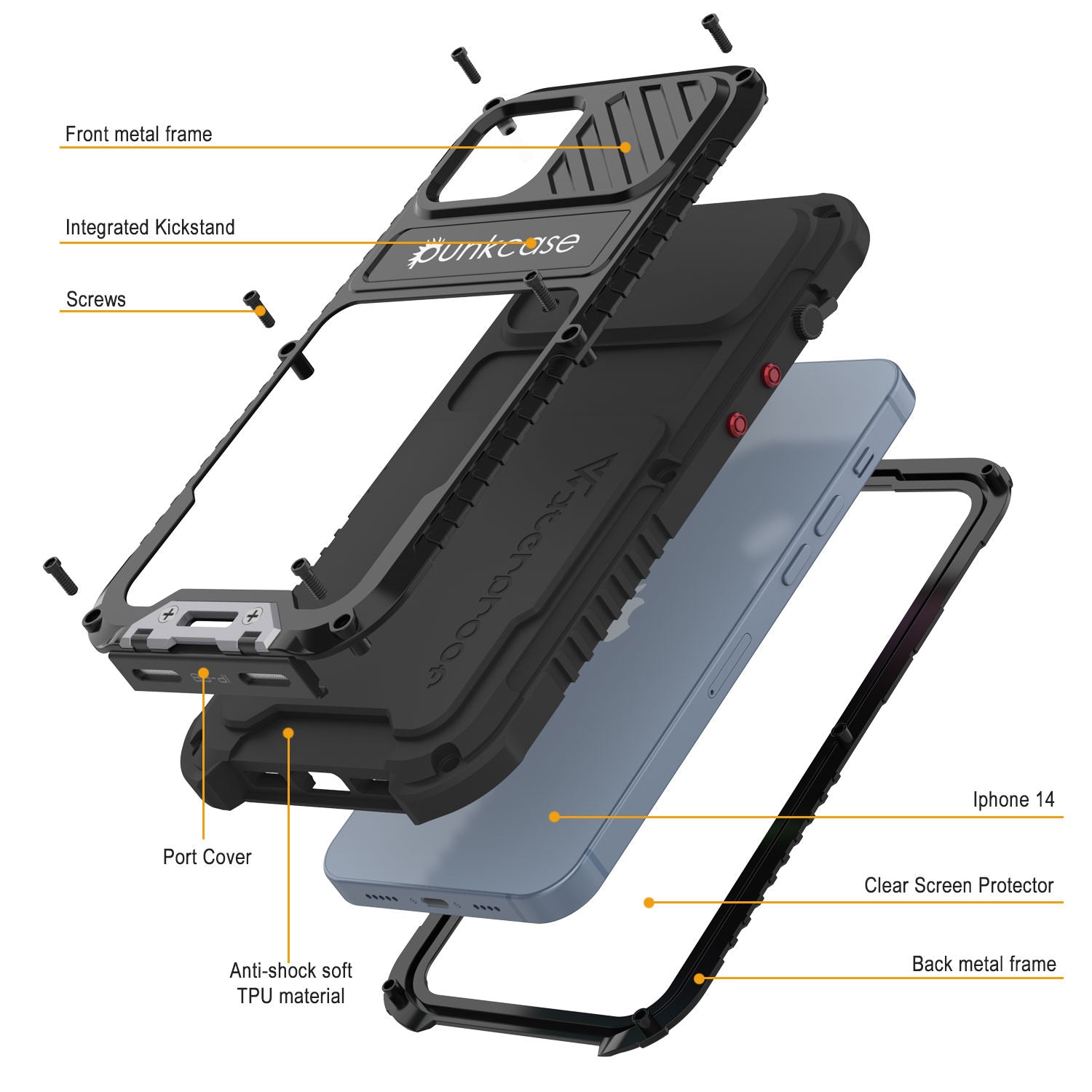 iPhone 16 Metal Extreme 3.0 Series Aluminum Waterproof Case IP68 W/Buillt in Screen Protector & Kickstand [Yellow]