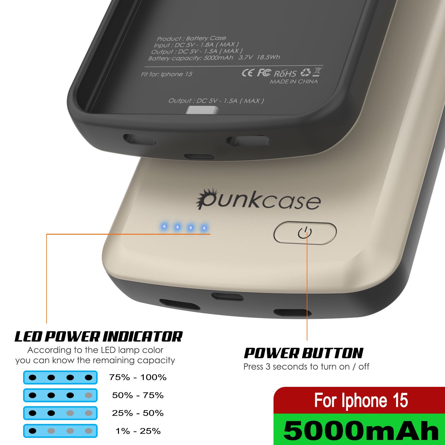 iPhone 15 Battery Case, PunkJuice 5000mAH Fast Charging Power Bank W/ Screen Protector | [Gold]