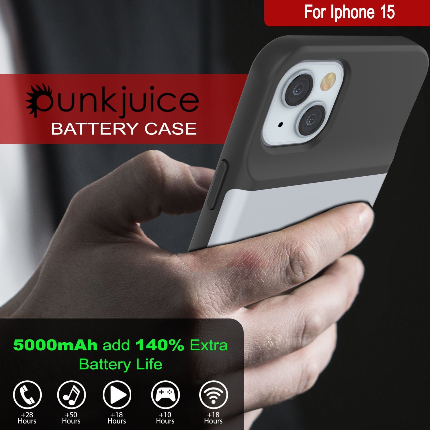 iPhone 15 Battery Case, PunkJuice 5000mAH Fast Charging Power Bank W/ Screen Protector | [White]