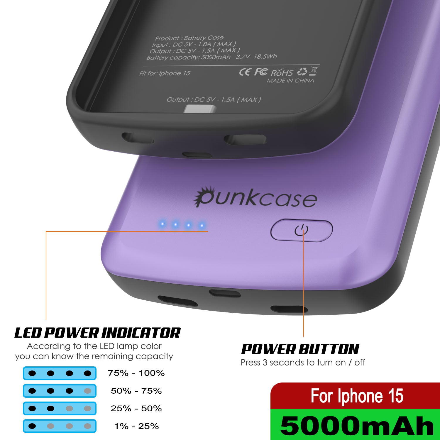 iPhone 15 Battery Case, PunkJuice 5000mAH Fast Charging Power Bank W/ Screen Protector | [Purple]