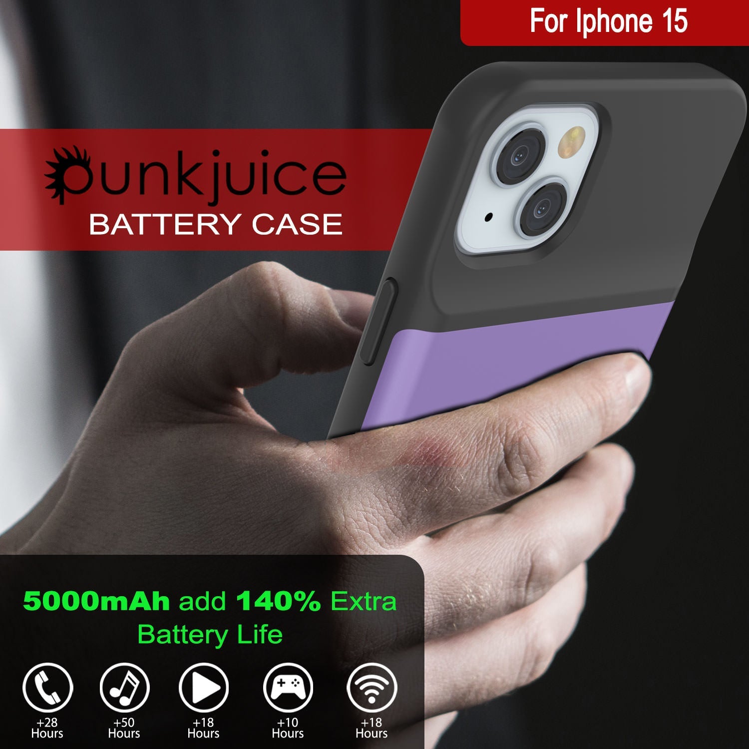 iPhone 15 Battery Case, PunkJuice 5000mAH Fast Charging Power Bank W/ Screen Protector | [Purple]