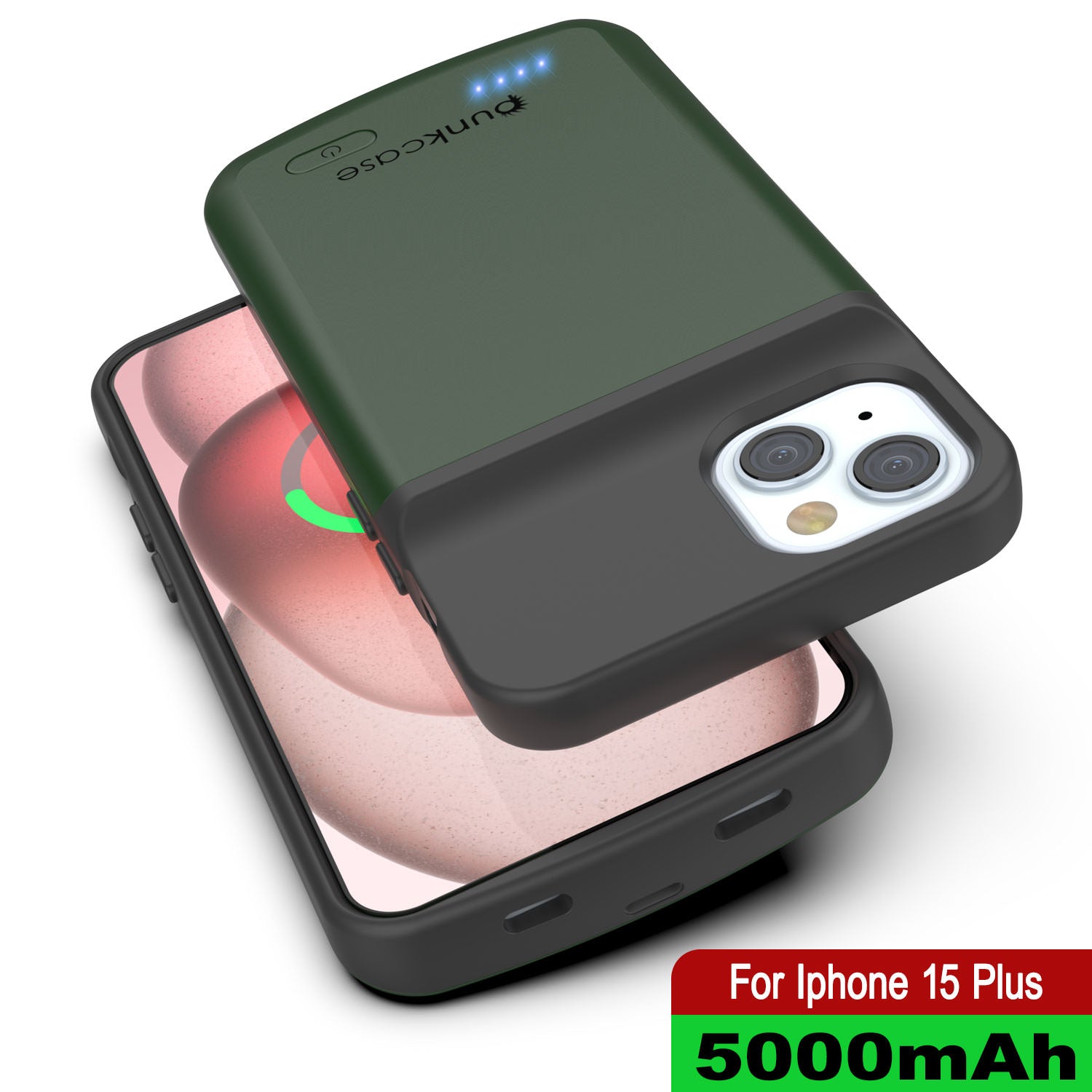 iPhone 15 Plus Battery Case, PunkJuice 5000mAH Fast Charging Power Bank W/ Screen Protector | [Green]