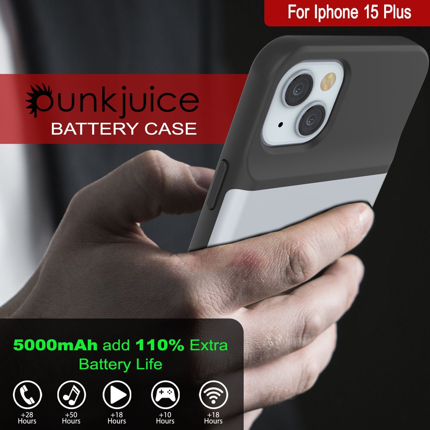 iPhone 15 Plus Battery Case, PunkJuice 5000mAH Fast Charging Power Bank W/ Screen Protector | [White]