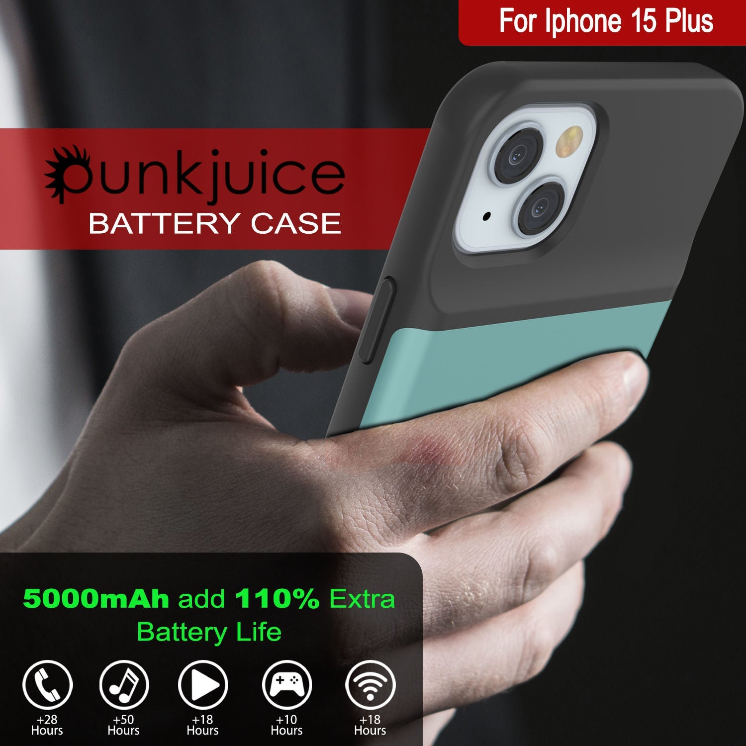 iPhone 15 Plus Battery Case, PunkJuice 5000mAH Fast Charging Power Bank W/ Screen Protector | [Teal]