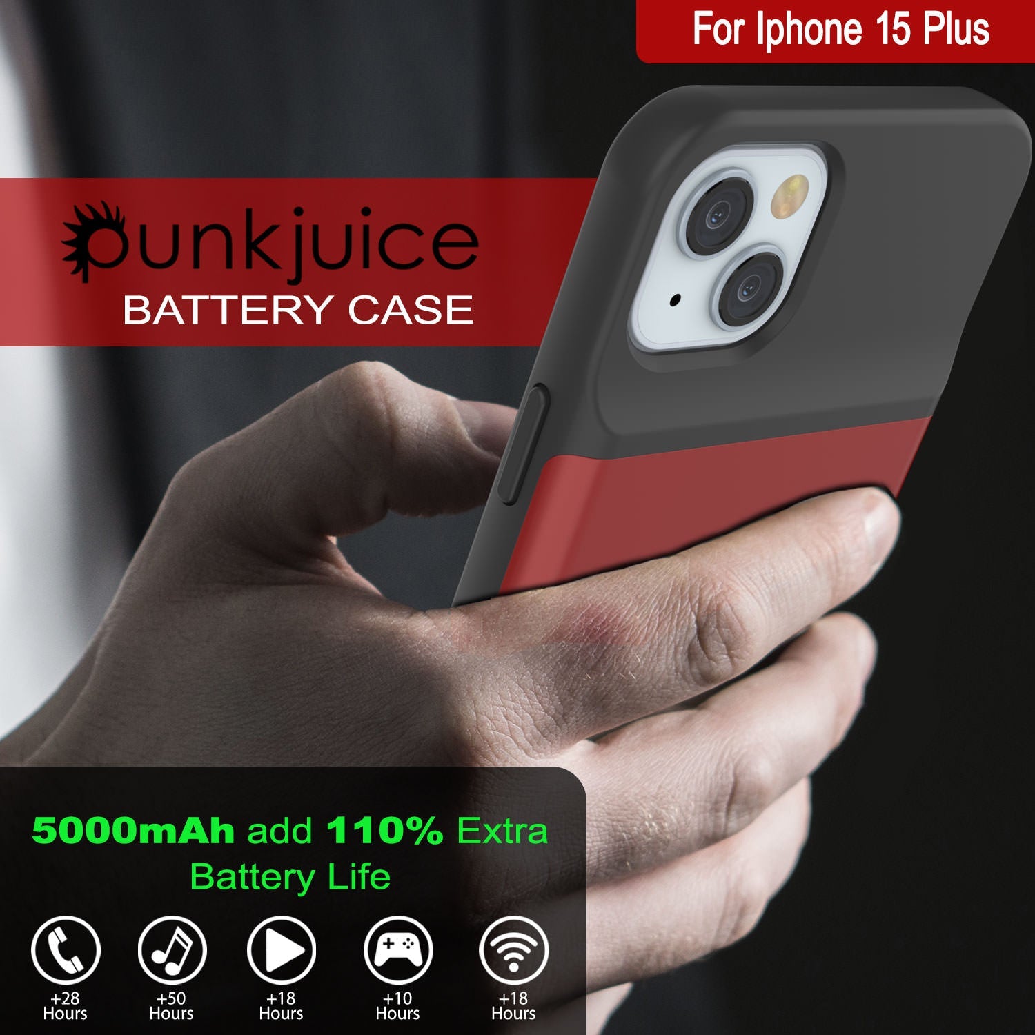 iPhone 15 Plus Battery Case, PunkJuice 5000mAH Fast Charging Power Bank W/ Screen Protector | [Red]