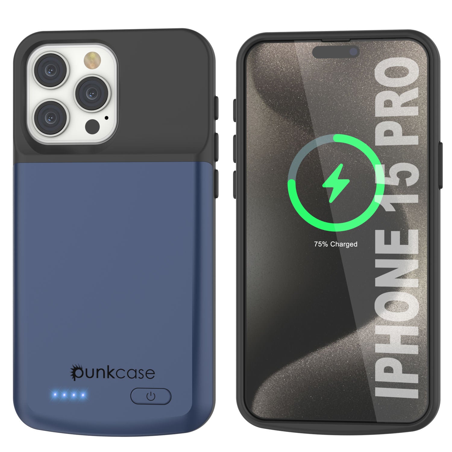 iPhone 15 Pro Battery Case, PunkJuice 5000mAH Fast Charging Power Bank W/ Screen Protector | [Navy Blue]