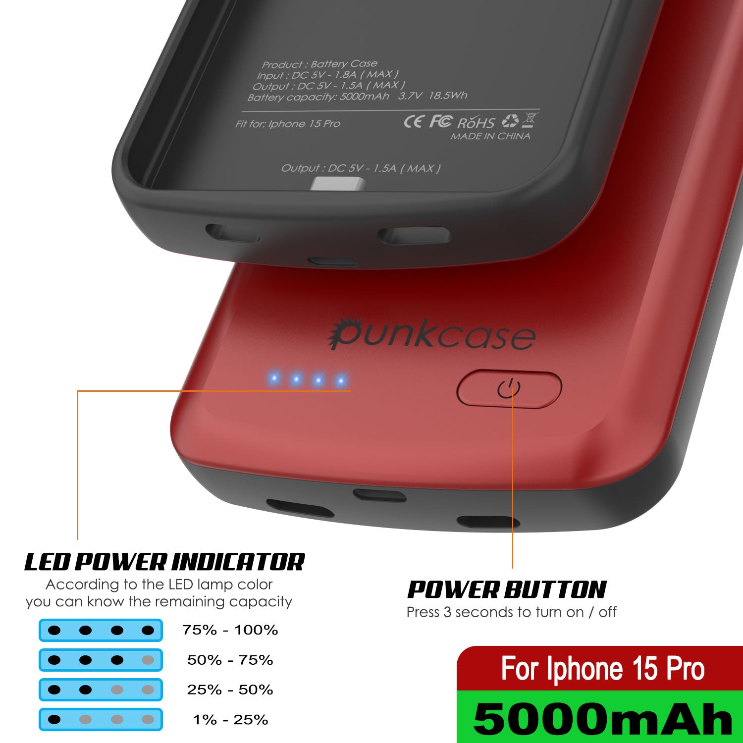 iPhone 15 Pro Battery Case, PunkJuice 5000mAH Fast Charging Power Bank W/ Screen Protector | [Red]