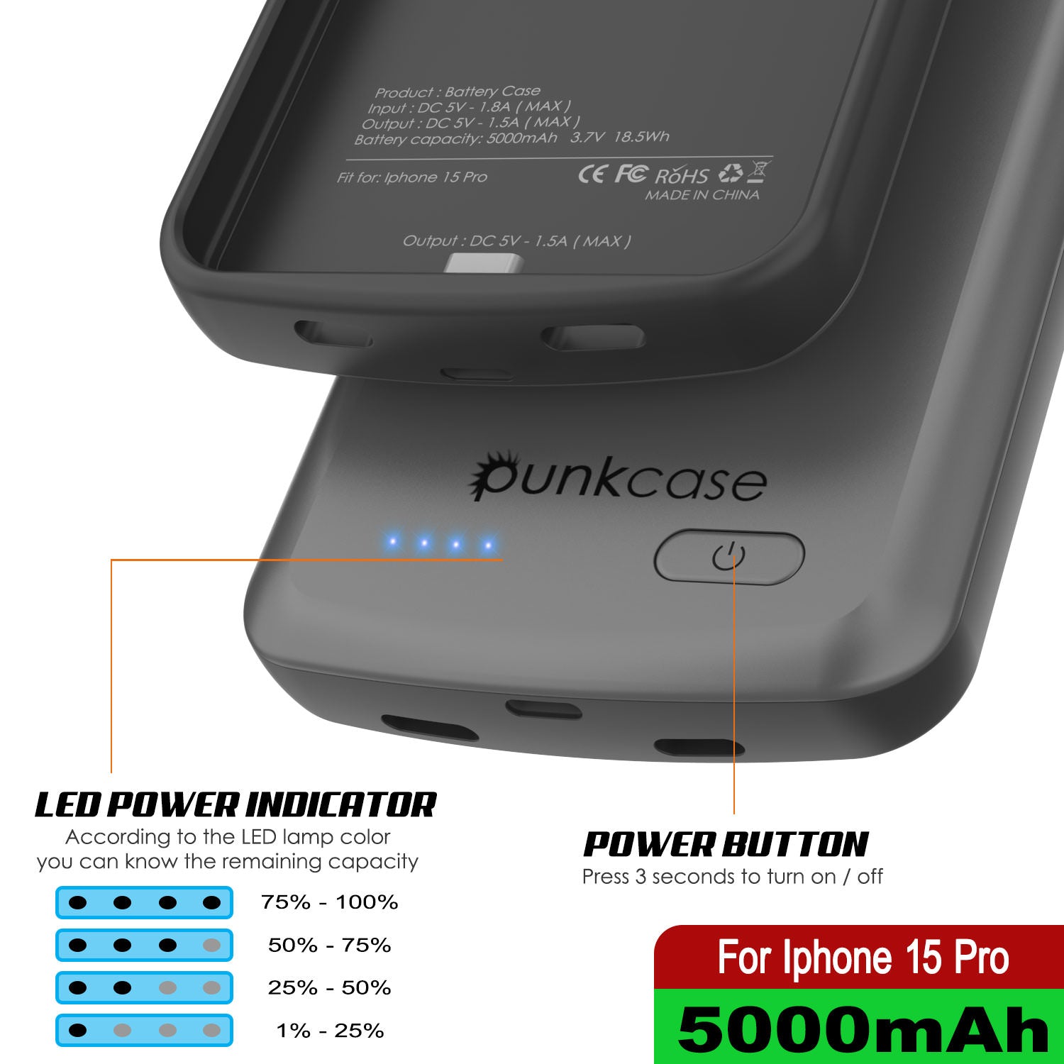 iPhone 15 Pro Battery Case, PunkJuice 5000mAH Fast Charging Power Bank W/ Screen Protector | [Grey]