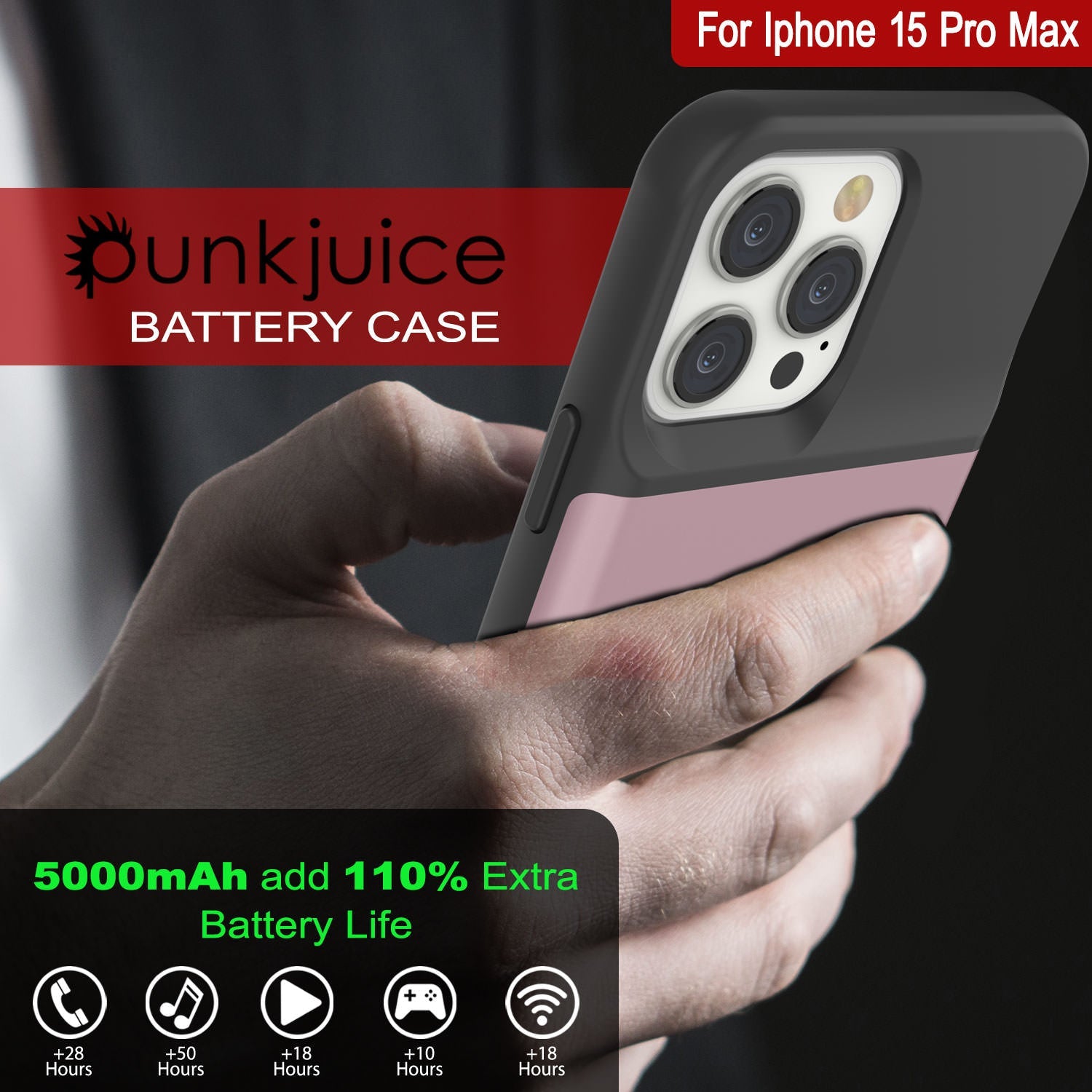 iPhone 15 Pro Max Battery Case, PunkJuice 5000mAH Fast Charging Power Bank W/ Screen Protector | [Rose-Gold]