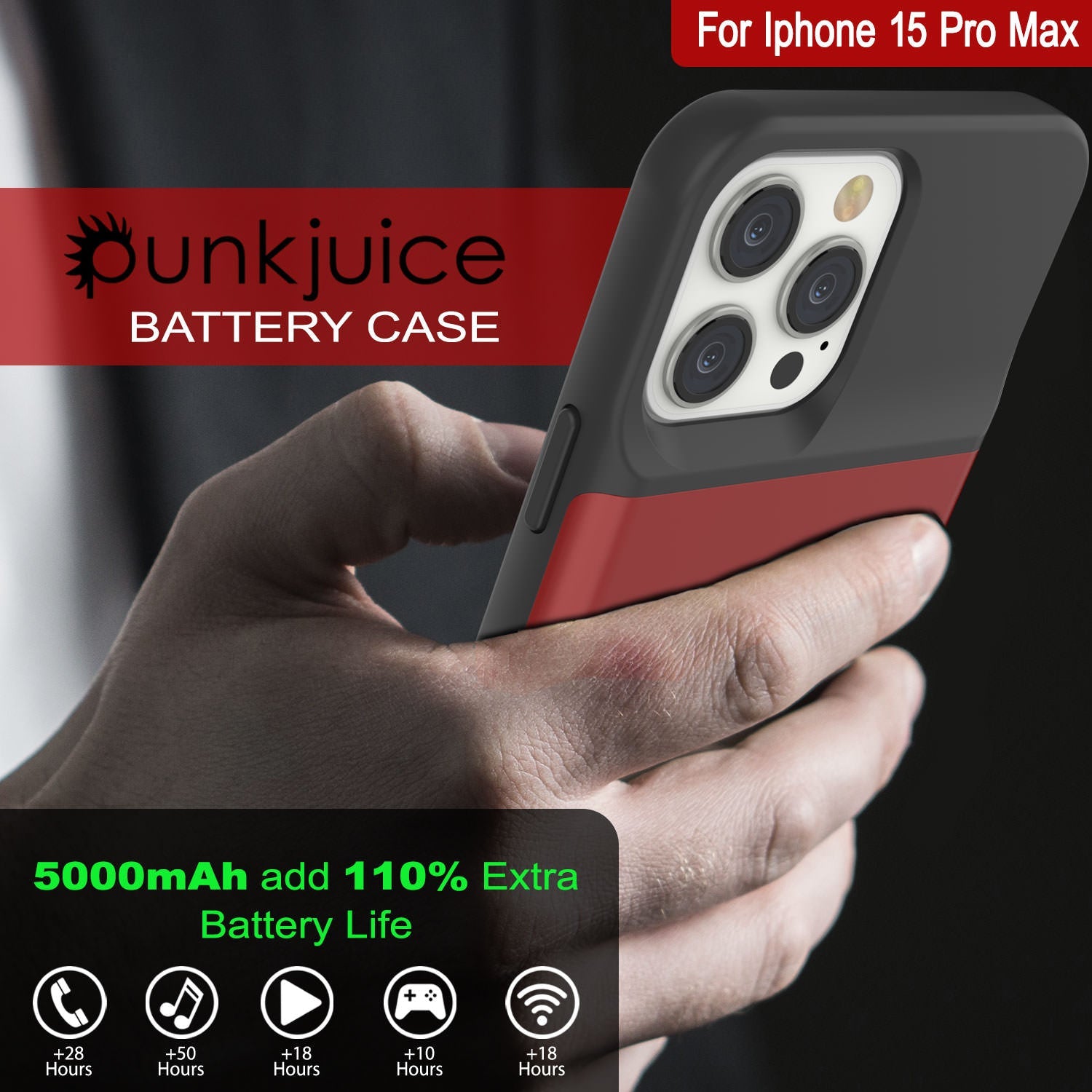 iPhone 15 Pro Max Battery Case, PunkJuice 5000mAH Fast Charging Power Bank W/ Screen Protector | [Red]