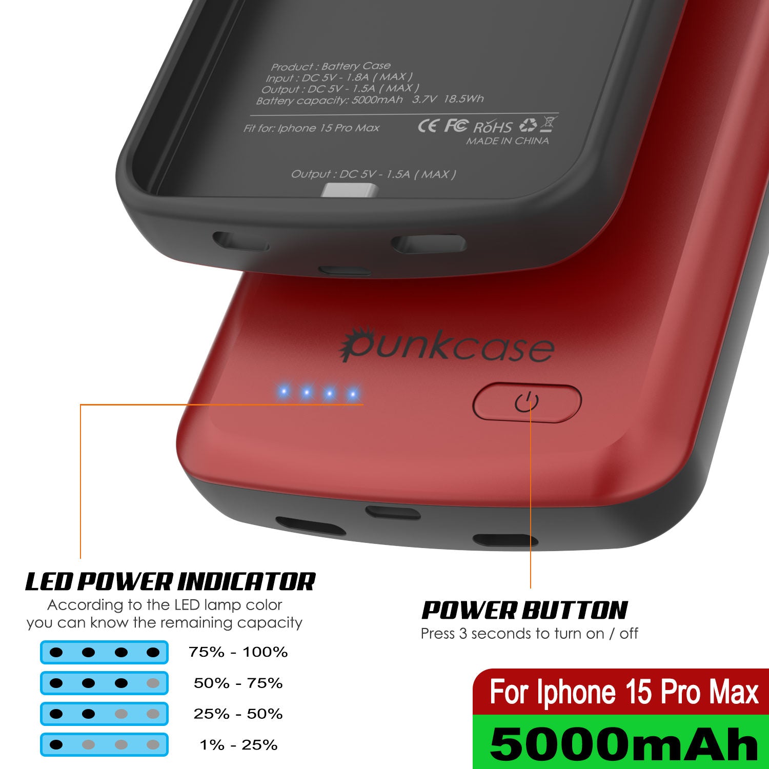 iPhone 15 Pro Max Battery Case, PunkJuice 5000mAH Fast Charging Power Bank W/ Screen Protector | [Red]