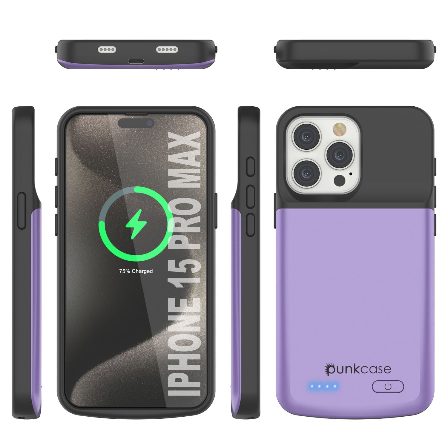 iPhone 15 Pro Max Battery Case, PunkJuice 5000mAH Fast Charging Power Bank W/ Screen Protector | [Purple]