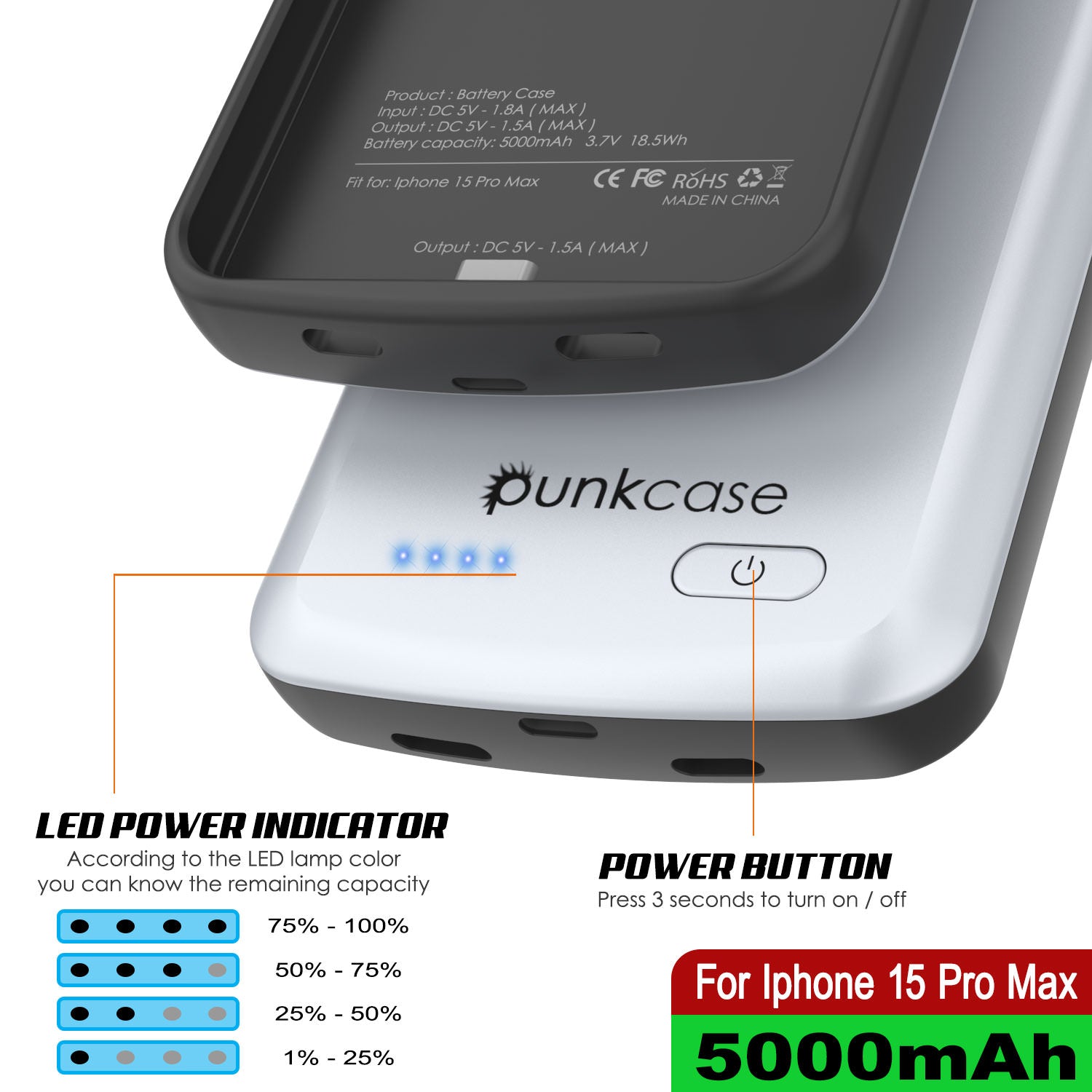 iPhone 15 Pro Max Battery Case, PunkJuice 5000mAH Fast Charging Power Bank W/ Screen Protector | [White]