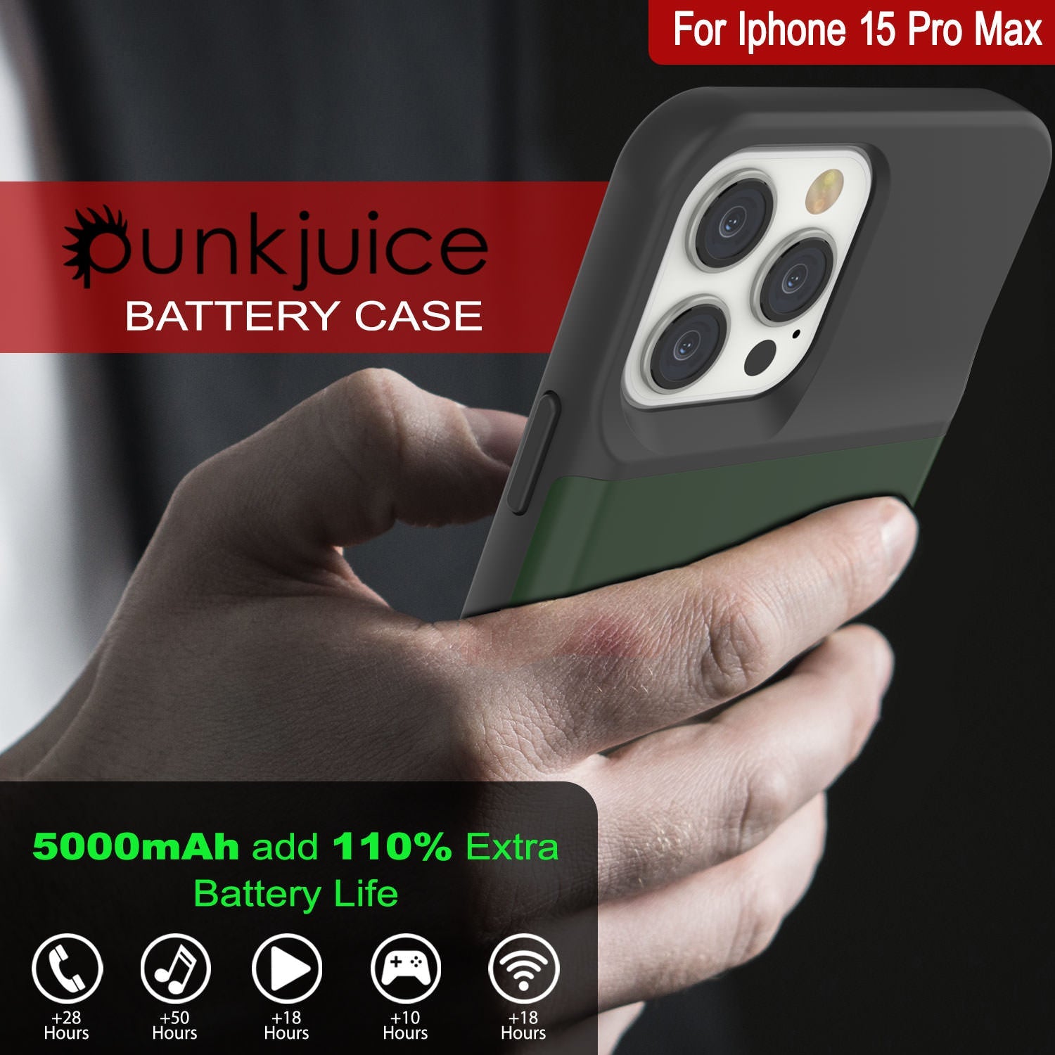 iPhone 15 Pro Max Battery Case, PunkJuice 5000mAH Fast Charging Power Bank W/ Screen Protector | [Green]