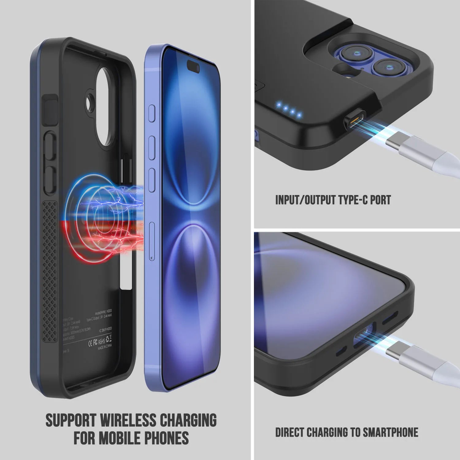 iPhone 16 Battery Case, PunkJuice 5000mAH Fast Charging MagSafe Power Bank W/ Screen Protector | [Navy Blue]