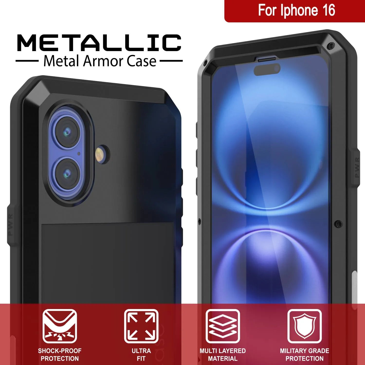 iPhone 16 Metal Case, Heavy Duty Military Grade Armor Cover [shock proof] Full Body Hard [Black]