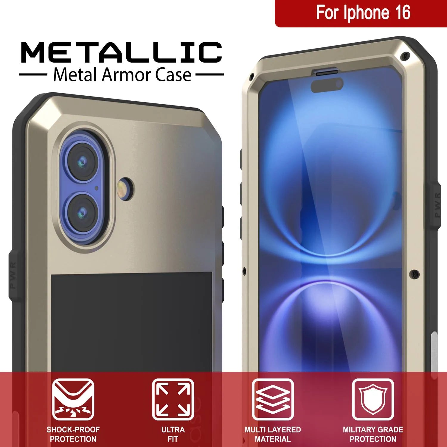 iPhone 16 Metal Case, Heavy Duty Military Grade Armor Cover [shock proof] Full Body Hard [Gold]