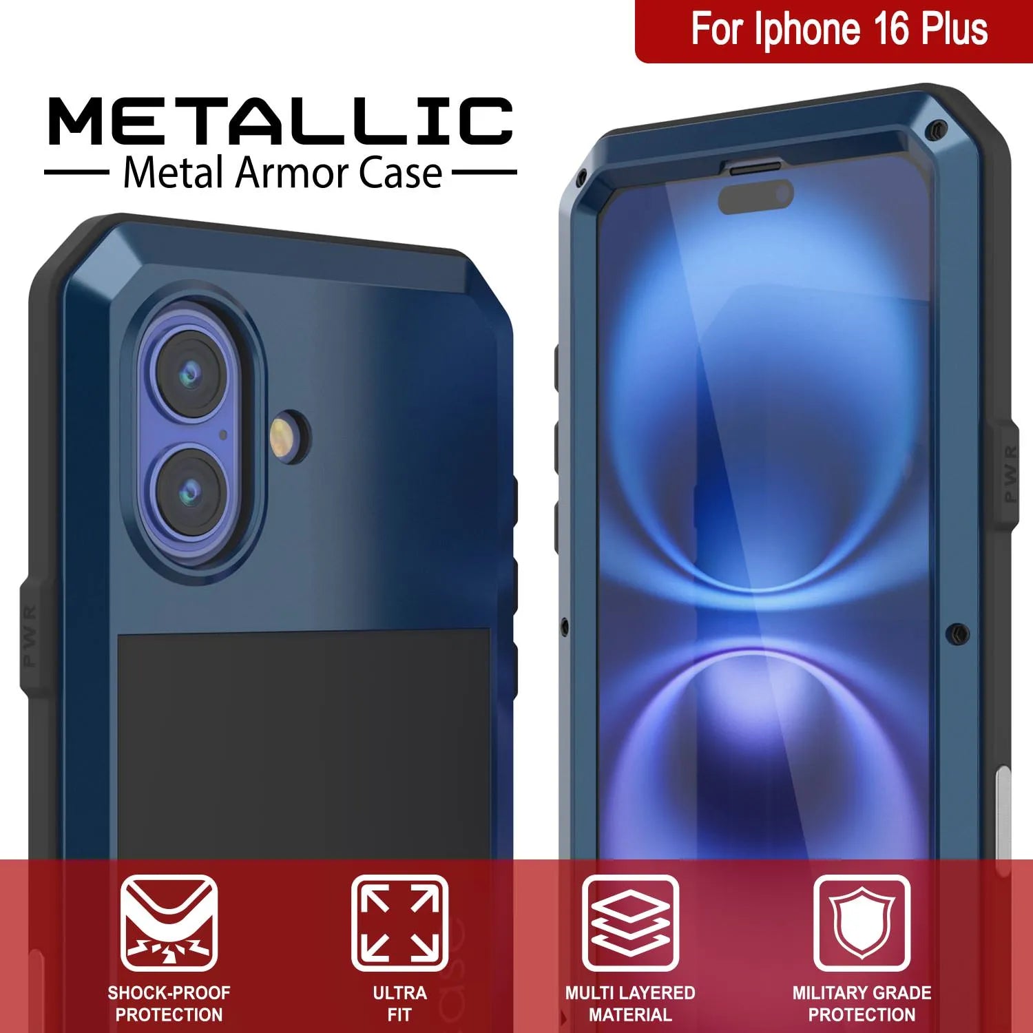 iPhone 16 Plus Metal Case, Heavy Duty Military Grade Armor Cover [shock proof] Full Body Hard [Blue]