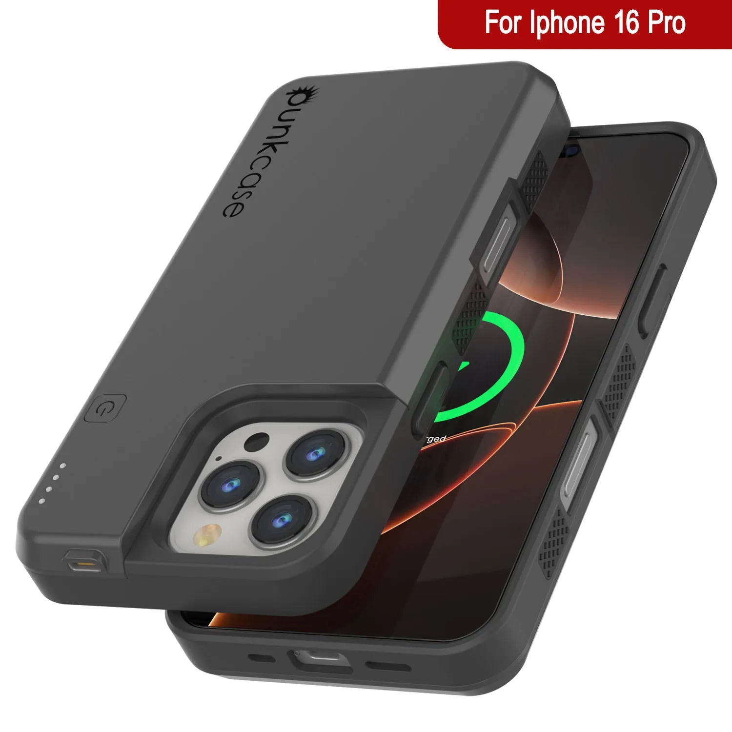 iPhone 16 Pro Battery Case, PunkJuice 5000mAH Fast Charging MagSafe Power Bank W/ Screen Protector | [Grey]