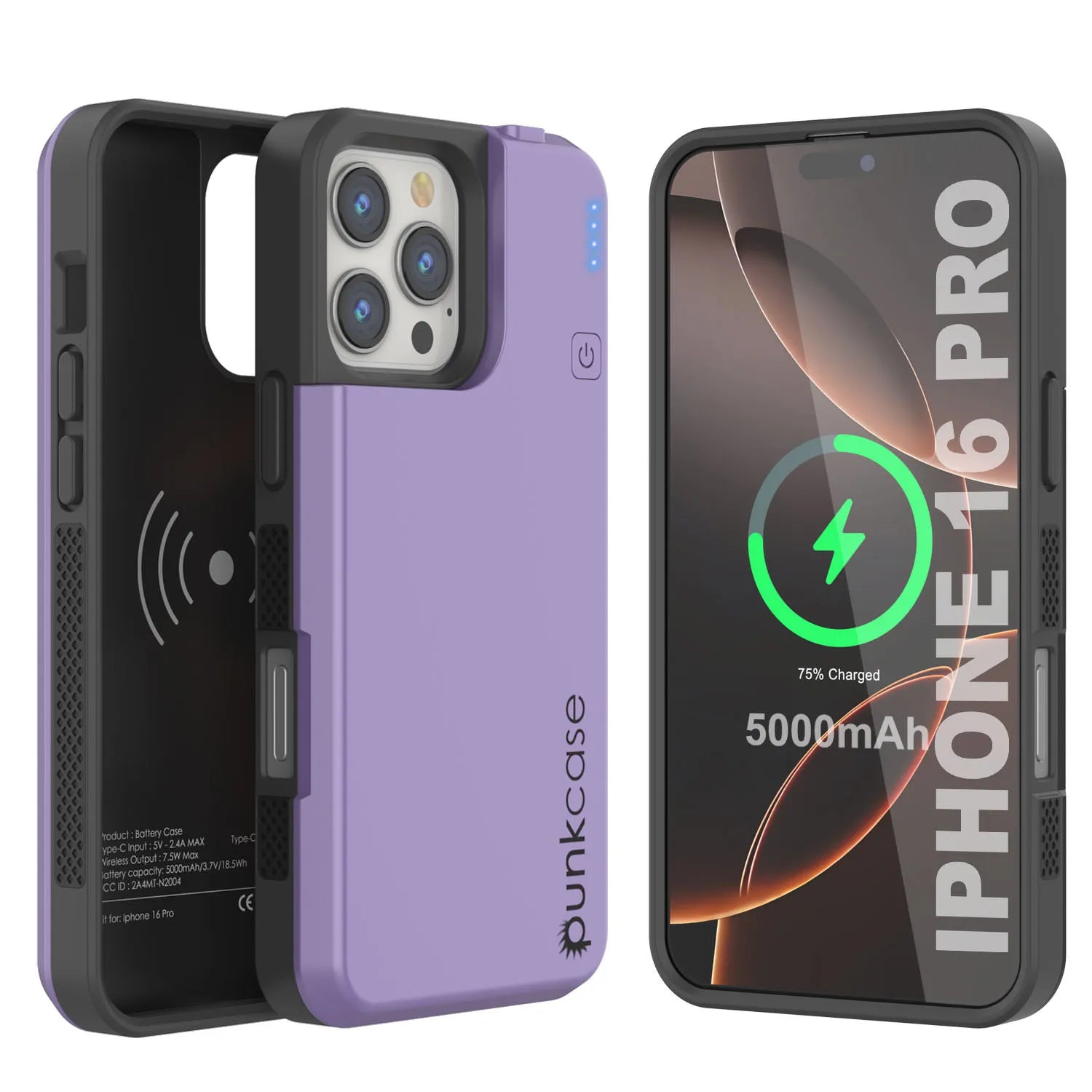 iPhone 16 Pro Battery Case, PunkJuice 5000mAH Fast Charging MagSafe Power Bank W/ Screen Protector | [Purple]